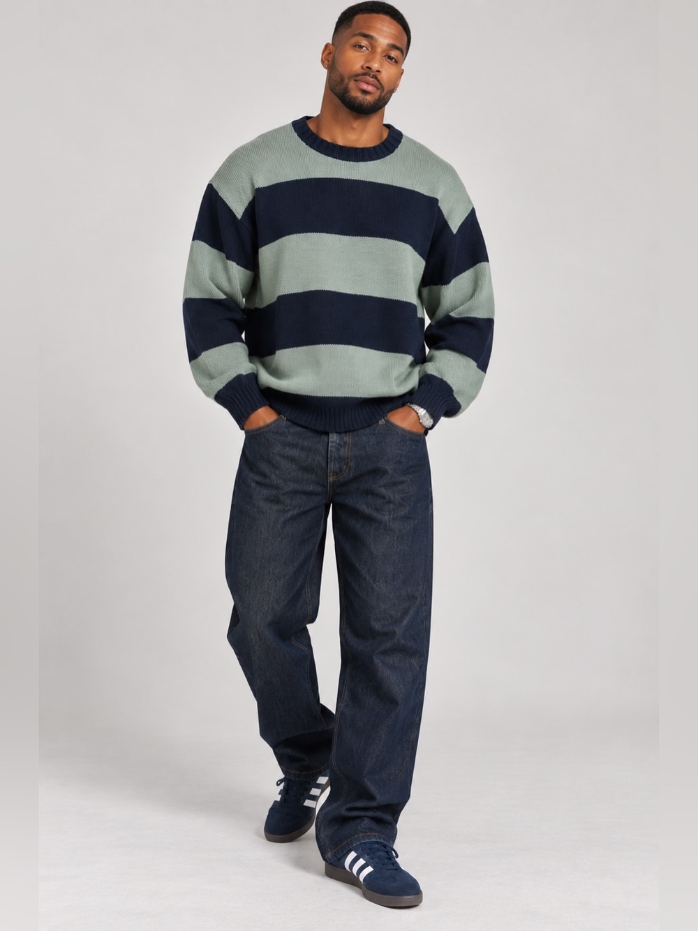 Hollister Preppy Men's Wide Stripe Crewneck Sweater in Navy and Sage